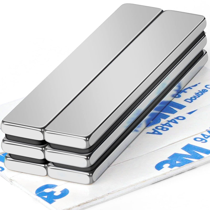 FINDMAG 6 Pack Powerful Neodymium Bar Magnets Rare Earth Magnet Bar, Strong Bar Magnets Neodymium Magnets with Double Sided Adhesive - 60 x 10 x 3 mm 6p-60x10x3 Silver