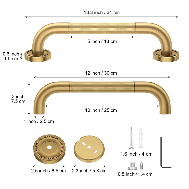 12 Inch Anti Slip Bronze Shower Grab Bar Polished Gold,ZUEXT Antique Brass Bathroom Grab Bar, Knurled Bathroom Balance Bar,Safety Hand Rail Support,Handicap Elderly Injury Senior Assist Bath Handle Gold-12 Inch