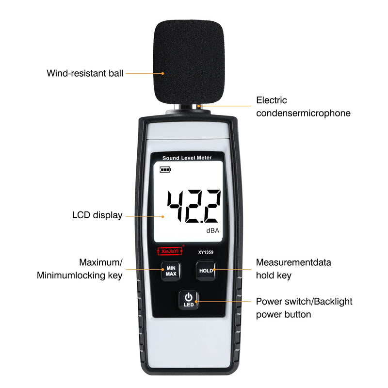 XinJiaYi Decibel Meter, Portable db Meter (Sound Level Meter), Digital Noise Meter, Range 30-130 dB(A) dB Meter, Noise Level Sound Monitor Tester Gray