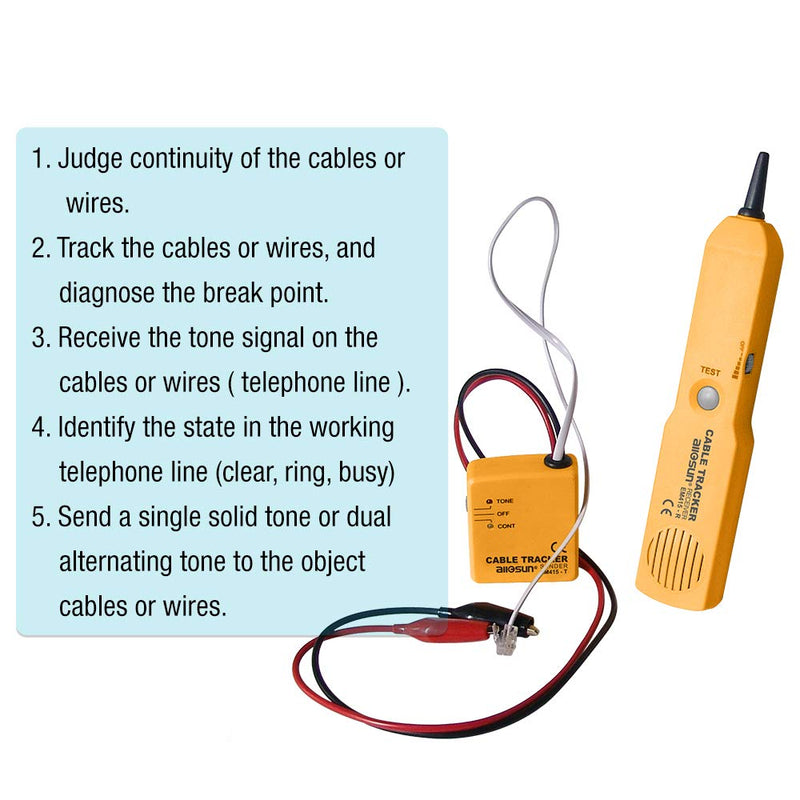 allsun Wire Tracker Telephone Network Probe Circuit Breaker Finder RJ11 Cable Finder Tone Generator Probe Tracker Cable Detector Line, Continuity Checking,Yellow