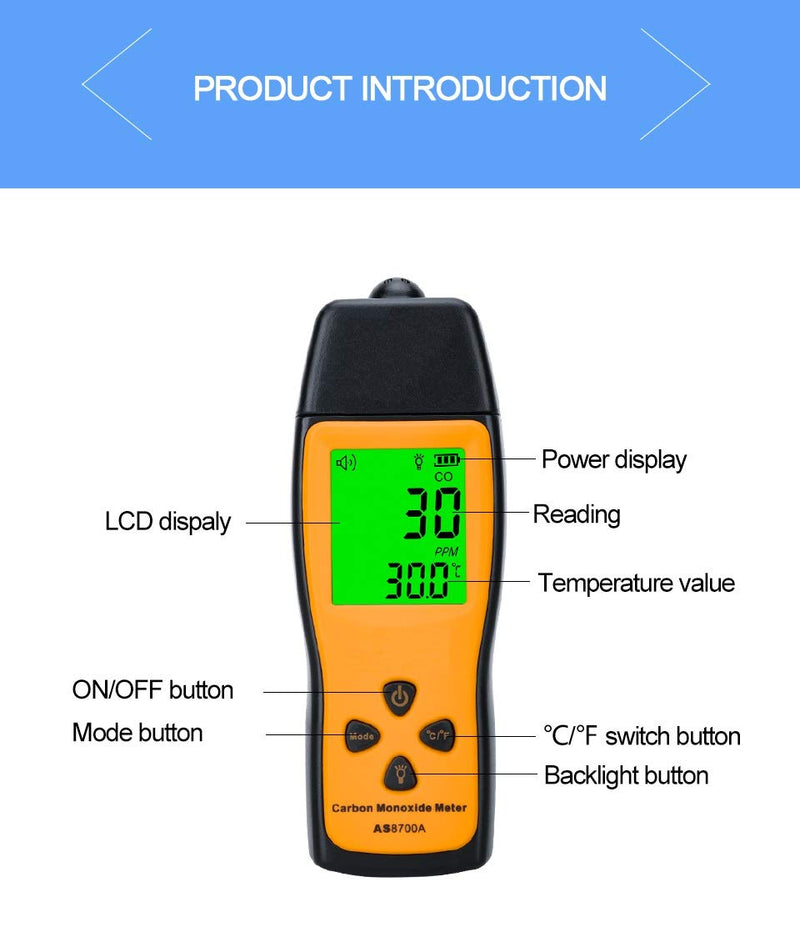 Handheld Carbon Monoxide Meter, Portable CO Gas Detector, Gas Tester with 0～1000ppm Range, 1PPM Resolution(Battery NOT Included)
