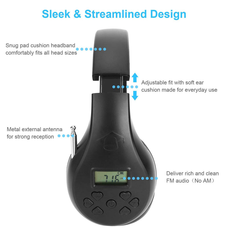 Portable Personal FM Radio Headphones with Best Reception, Walkman Wireless Headset FM Radio Ear Muffs for Walking, Jogging Powered by 2 AA Batteries(Not Included) -Black