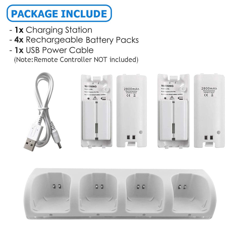 4-in-1 Charging Station for Wii&Wii U Remote Controller,Charger with 4 Rechargeable Battery Packs (4 Port Charging Station+4 pcs 2800mAh Replacement Batteries+USB Cable),Remote Not Included