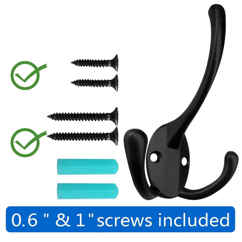 6 Pack Big Heavy Duty Three Prongs Coat Hooks Wall Mounted with 24 Screws (Two Types of Screws Included) Retro Double Utility Rustic Hooks for Thick Coat, Big Heavy Bags (6 Pack) Black