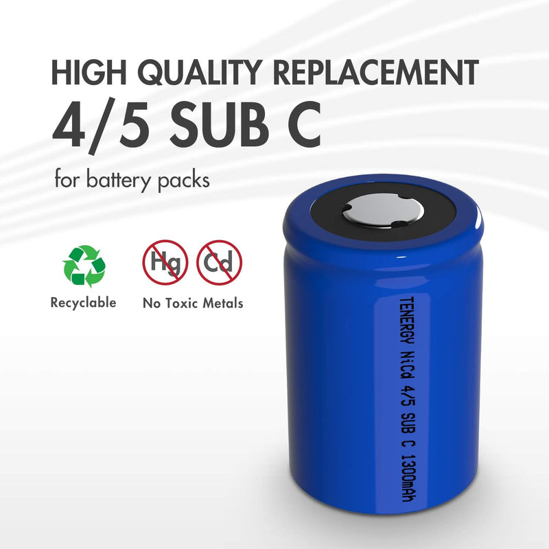 Tenergy 4/5 SubC 1300mAh NiCD Rechargeable Batteries, Flat top - 15 Pack