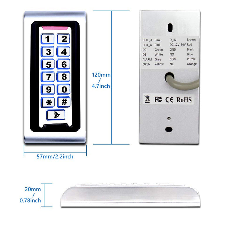 AMOCAM Door Access Control System Stand-Alone Password Keypad + 5PCS Proximity Keychains, Support 2000 Users Card Reader, Waterproof, Backlight, Zinc Alloy Metal Case