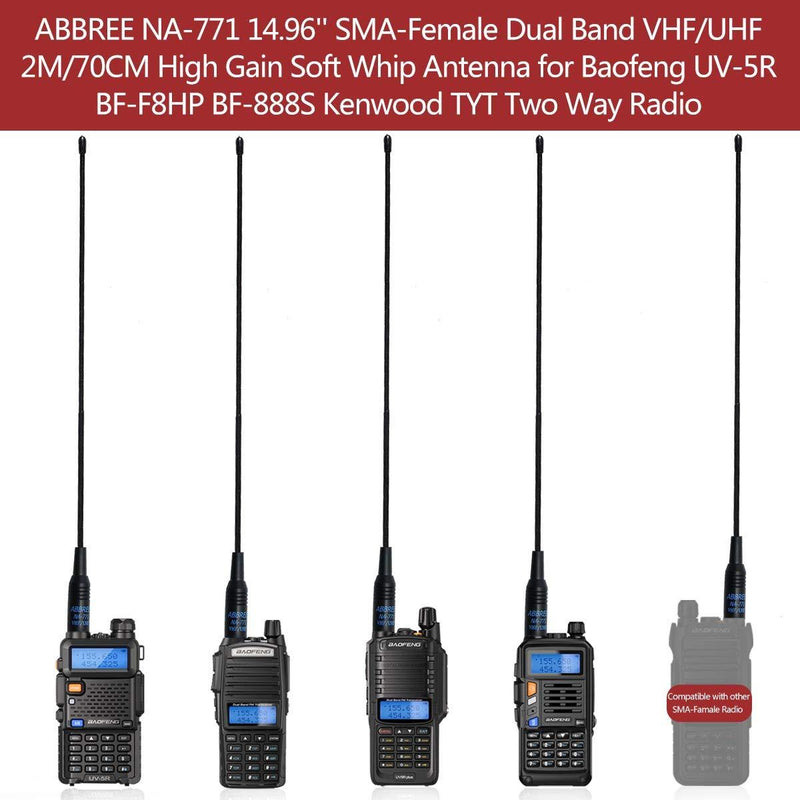 ABBREE NA-771 14.96Inch SMA-Female Dual Band VHF/UHF High Gain Soft Whip Antenna for Baofeng UV-5R BF-F8HP BF-888S Kenwood TYT Two Way Radio Handheld Antenna NA-771 14.96â€œ VHF/UHF