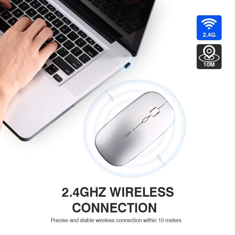 Wireless Mouse,Rechargeale & Noiseless, Inphic Ultra Slim USB 2.4G PC Computer Laptop Cordless Mice with USB Nano Receiver, 1600 DPI Travel Mouse for Office Windows Mac Linux MacBook, Silver