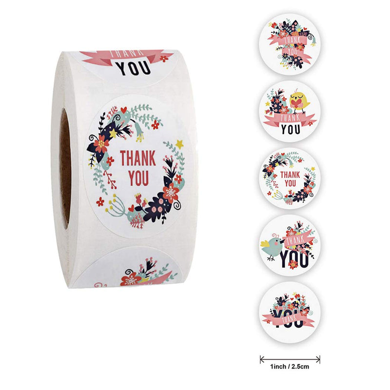 1000pcs 5 Different Design Thank You Stickers 1'' Round Adhesive Labels ,500 Per Roll ,Decorative Sealing Stickers for Christmas Gifts, Wedding, Party (A-57 5 Different Design)