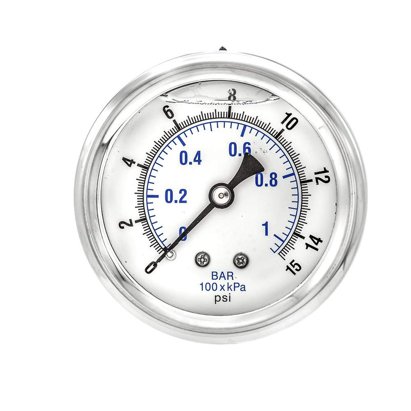 PIC Gauge PRO-202L-254B Glycerin Filled Industrial Center Back Mount Pressure Gauge with Stainless Steel Case, Brass Internals, Plastic Lens, 2-1/2" Dial Size, 1/4" Male NPT, 0/15 psi 0 - 15 PSI