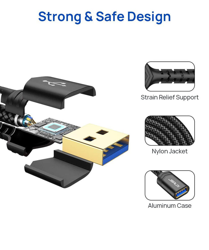 JSAUX USB 3.0 Extension Cable, (2 Pack 6.6ft) USB A Male to Female Extension Extender Cord High Data Transfer Compatible for USB Flash Drive, Keyboard, Mouse, Xbox, Hard Drive and More-Black Black