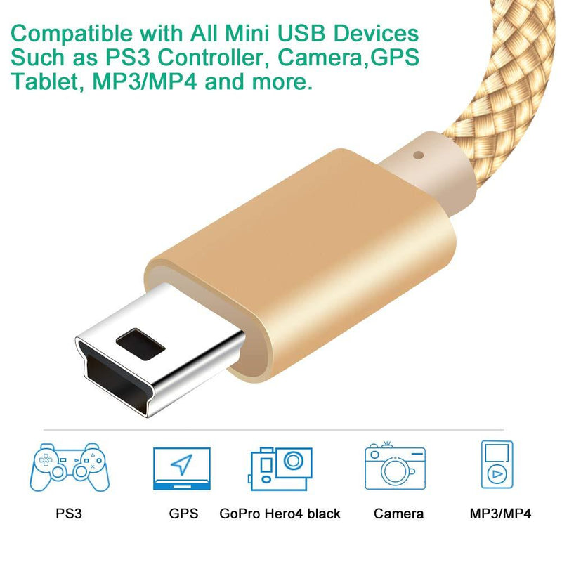 Mini USB Cable【10ft 2Pack】,SIOCEN Long Type A Male to Mini-B Charger Cord for GoPro Hero 3+,Canon PowerShot/Rebel/EOS/DSLR Camera,Braided PS3 Controller Charging Wire for Garmin Nuvi GPS,Dash Cam
