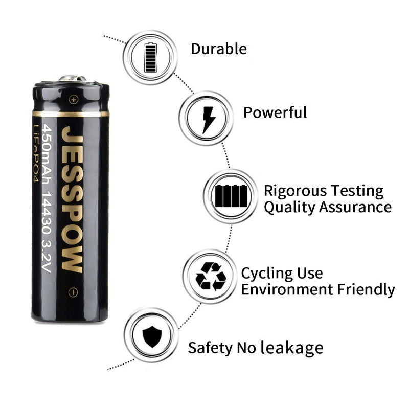14430 Battery, JESSPOW 14430 3.2V 450mAh LiFePo4 Rechargeable Solar Batteries for for Solar Panel Outdoor Garden Lights, Solar Panel Light, Tooth Brush, Shaver, Flashlight (4 Pack) 4 Pack