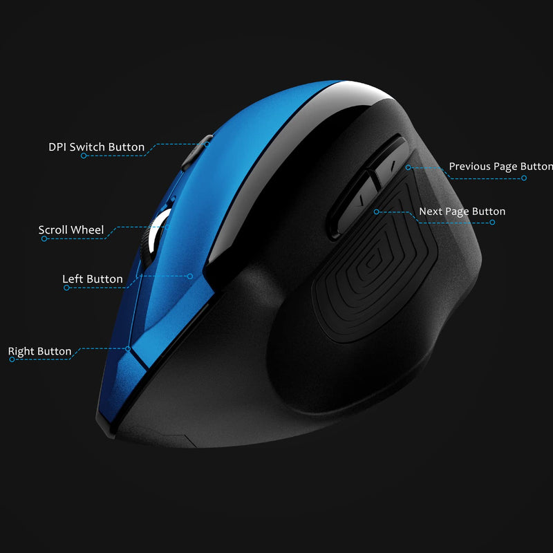 memzuoix Ergonomic Mouse Wireless Mouse, 2.4G Large Vertical Mouse Optical Cordless Mice with 800 / 1200 /1600 DPI, Ergonomic Computer Mouse for Laptop, PC, Desktop (for Right Hand ,Blue) Blue