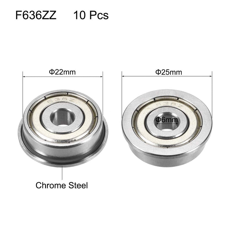 uxcell F636ZZ Flanged Ball Bearing 6x22x7mm Double Metal Shielded (GCr15) Chrome Steel Bearings 10pcs