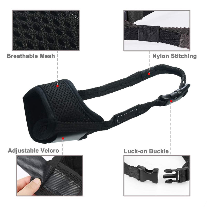 LUCKYPAW Dog Muzzle Anti Biting Barking and Chewing, with Comfortable Mesh Soft Fabric and Adjustable Strap, Suitable for Small, Medium and Large Dogs XS Black