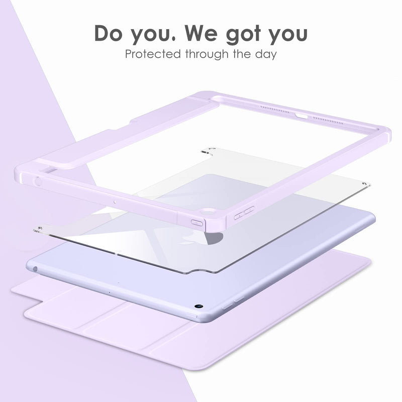 DTTOCASE Case for iPad 9th / 8th / 7th Generation 10.2 inch (2021/2020/2019 Released), Clear Back, TPU Shockproof Frame Cover[Built-in Pencil Holder,Support Auto Sleep/Wake] for ipad 10.2-Light Purple Light Purple