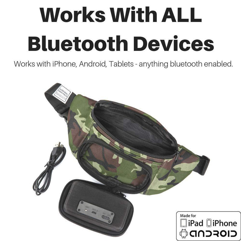 Fannypack with Speakers. Bluetooth Fanny Pack for Parties/Festivals/Raves/Beach/Boats. Rechargeable, Works with iPhone & Android. (Camo, 2021 Edition)