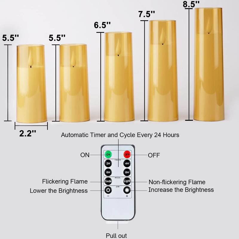 Amagic Acrylic Flameless Candles, Battery Operated Candles, Flickering LED Pillar Candles with Remote Control and Timer, 3D Wick, Gold, Set of 5