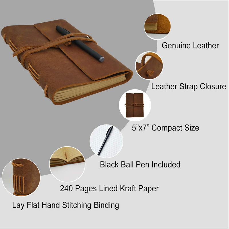 Leather Journal Writing Notebook - Genuine Leather Bound Daily Notepad for Men & Women Lined Paper 240 Kraft Pages, Handmade, Brown, 5 x 7 in 5"x7"