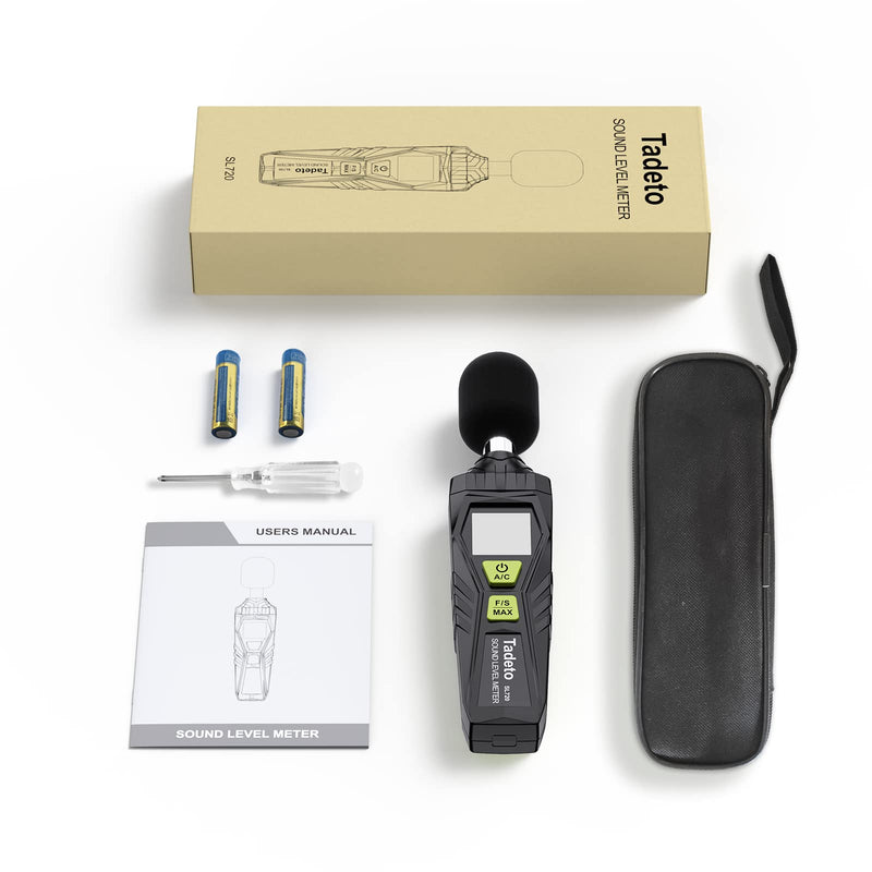 Decibel Meter, Tadeto Digital Sound Level Meter Portable Sound Meter 30dB to 130dB MAX Data Hold with LCD Display Backlight A/C Weighted for Home Factories Black