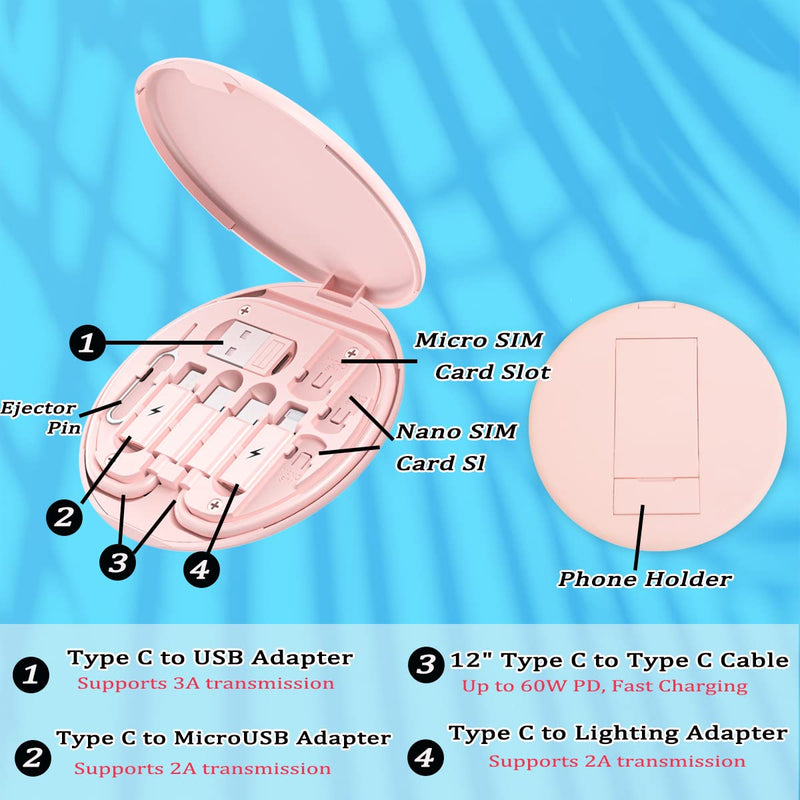 Multi USB Charging Adapter Cable Kit, USB C to Lighting Adapter Box, Conversion Set USB A & Type C to Male Micro/Type C/Lightning, Data Transfer, Card Storage, Tray Eject Pin, Phone Holder (Pink) pink