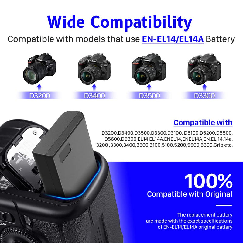 KOOAQQ EN-EL14/EL14A Camera Battery 7.4V 1500mAh Rechargeable Batteries for D3200,D3400,D3500,D3300,D3100,D5100,D5200,D5500,D5600,D5300,3200,3100,Grip etc Digital Camera Replacement Batteries-2 Pack 2 Pack battery