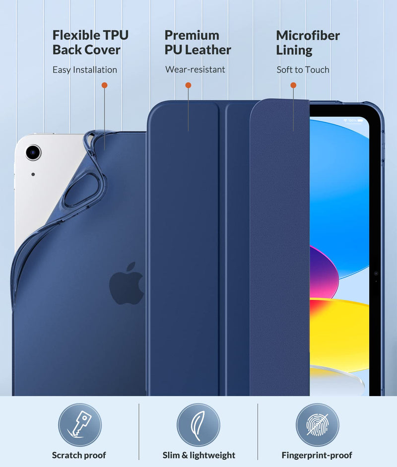 MoKo Case for New iPad 10th Generation Case 2022, iPad 10.9 Case with Soft TPU Translucent Frosted Back Cover, Slim Shell Stand Protective Case with Auto Wake/Sleep, Support Touch ID, Navy Blue