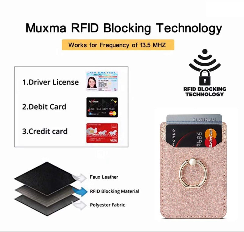 Phone Card Holder RFID Credit Wallet with Kickstand Ring for Women, DMaos 2 Pieces Glitter Sands Wallet Stick-On Back Grip for iPhone Samsung Android and Smartphones - Pink + Gold