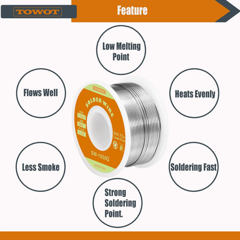 TOWOT soldering tin, lead-free soldering wire with rosin core, soldering tin electronics, silver wire soldering (Sn99.3% Cu0.7%/1.0mm,50g) 1.0mm,50g