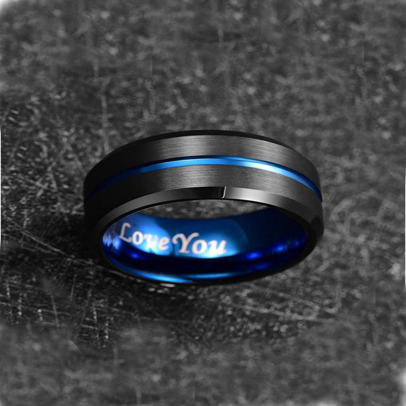 NUNCAD 4mm/6mm/8mm/10mm Tungsten Ring for Men Women Black/Blue/Gold/Rose Gold/Silver Groove Wedding Bands Beveled Edges Engraved I Love You Size 4 to 17 8mm-Black Blue I Love You 6