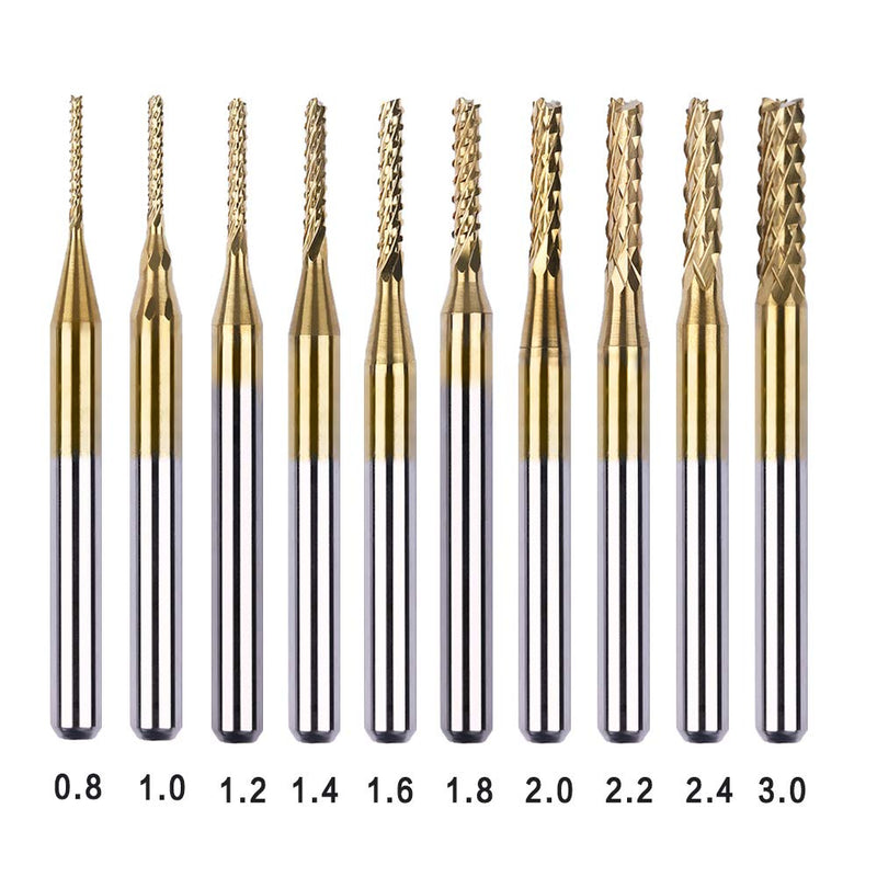 10pcs 0.8-3mm Titanium Coated Engraving Milling Cutter Carbide Bits, 1/8'' Shank for Dremel Rotary Tools by Lukcase