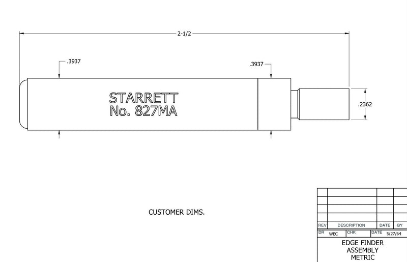 Starrett 827MA Edge Finders, Single End, 10mm Body Diameter, 6mm Contact Diameter