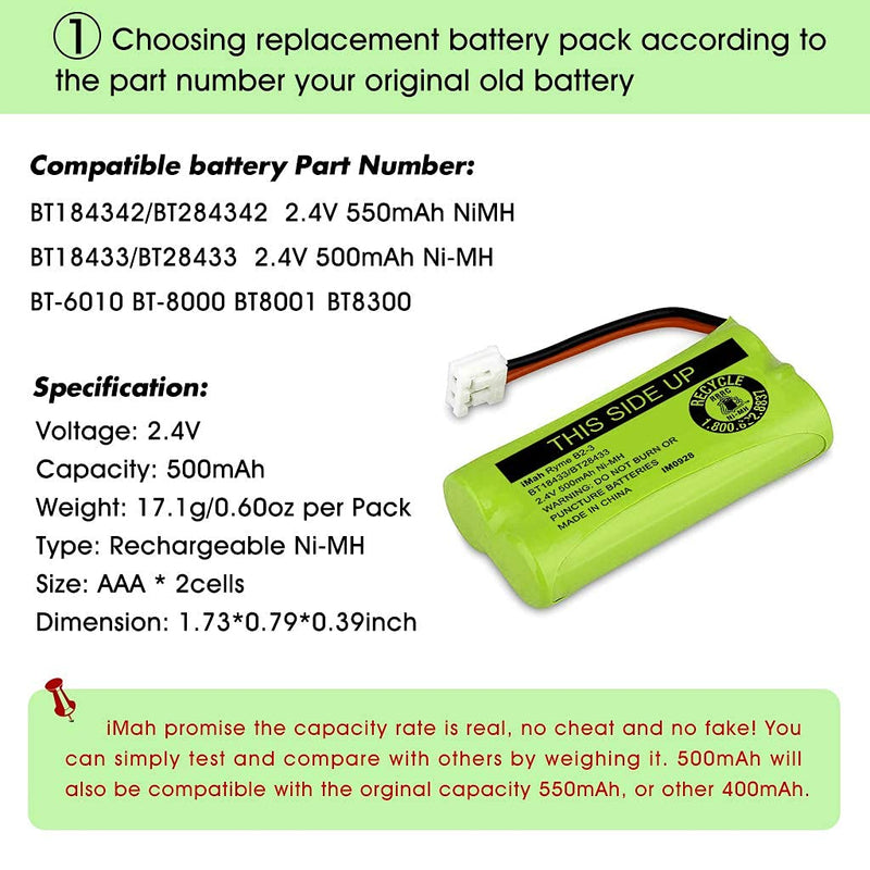 iMah BT18433/BT28433 2.4V 500mAh Ni-MH Cordless Phone Battery, Also Compatible with AT&T BT184342/BT284342 BT8300 BT1011 BT1018 BT1022 BT1031 2SN-AAA55H-S-J1 CS6120 CS6209 CL80109 EL52419, 2-Pack 2-Pack BT18433/BT28433 Batteries