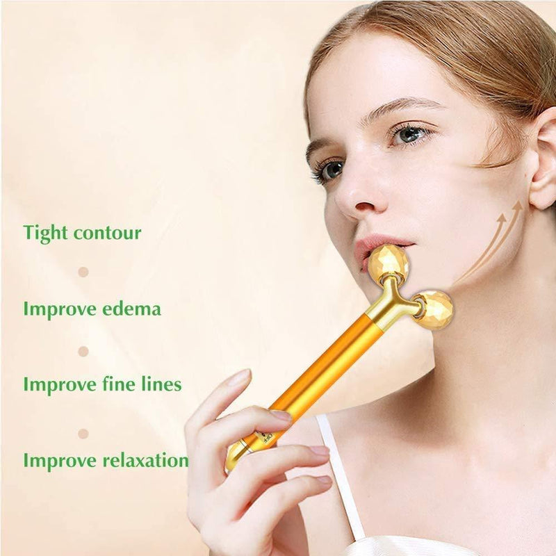 2-IN-1 Beauty Bar 24k Golden Pulse Facial Face Massager, Electric 3D Roller and T Shape Massager Skin Care Tools Gift Set for Face Lift Anti Wrinkles Skin Tightening Face Firming