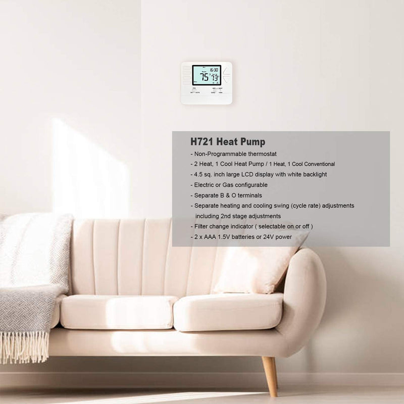 Heagstat H721 Non-Programmable Heat Pump Thermostat, 2 Heat/1 Cool, with 4.5 sq. Inch Display