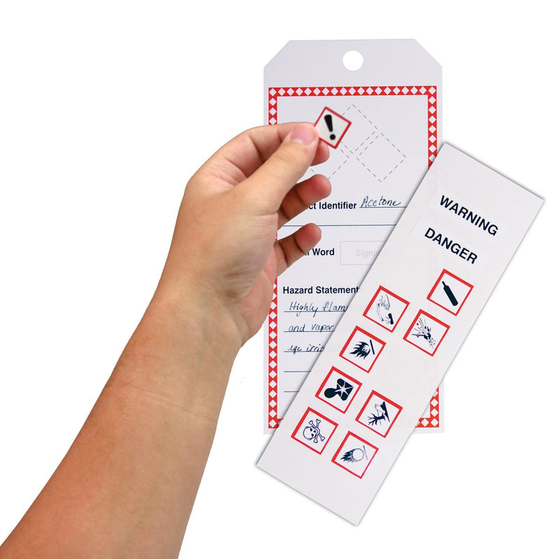 Accuform THS405CTM GHS Jumbo Tag, Legend "PRODUCT NAME ___ SIGNAL WORD ___ HAZARD STATEMENTS ___", PF-Cardstock, Includes Adhesive Vinyl Pictogram and Signal Word Labels, 8-1/2" Length x 3-7/8" Width x 0.010" Thickness (Pack of 5)