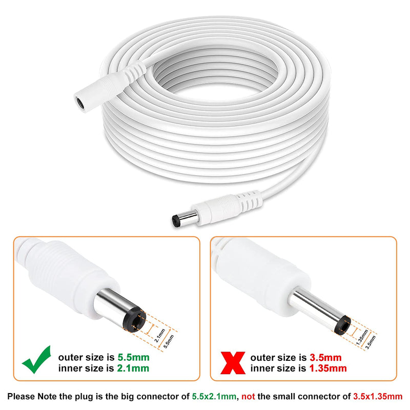 WILDHD DC Power Extension Cable 33ft 2.1mm x 5.5mm Compatible with 12V DC Adapter Cord for CCTV Security Camera IP Camera Standalone DVR (33ft,DC5.5mm Plug White)