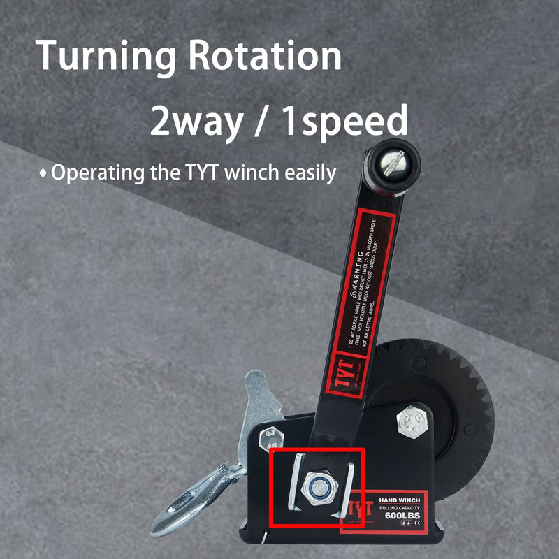 TYT 600LB Boat Trailer Winch with 6M Steel Wire, Hardened Steel Gear Heavy Duty Hand Winch, Operated Two-Way Ratchet Cable Winch, Ratio 3.2:1 Crank Small Winch for ATV UTV Marine Jet Ski Trailer Winch 600lb Cable Winch - Black