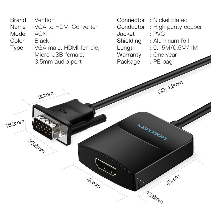 VGA to HDMI Adapter with Audio, (PC VGA Source Output to TV/Monitor with HDMI Connector),VENTION 1080P VGA to HDMI Adapter Cable for Computer, Desktop, Laptop, PC, Monitor, HDTV (0.49FT/0.15M) 0.49FT/0.15M