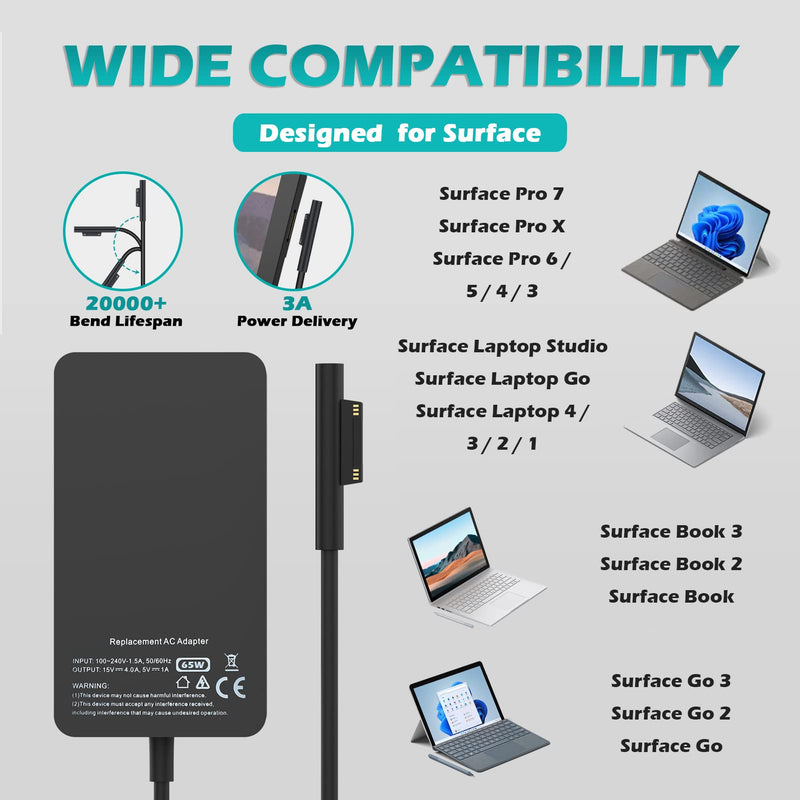 Surface Pro Charger, 65W Laptop Charger for Microsoft Surface Pro 3 4 5 6 7 X, Surface Laptop 4/3/2/1/Studio/Go/, Surface Book 3/2/1, Surface Go, Windows Surface Charger