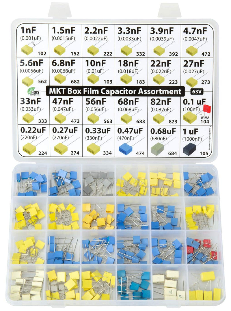 MKT polyester capacitor assortment box, 235 pieces film capacitor, 24 values, 63 volts, radial, 5mm, 1nF 0.01, 0.1 to 1uF