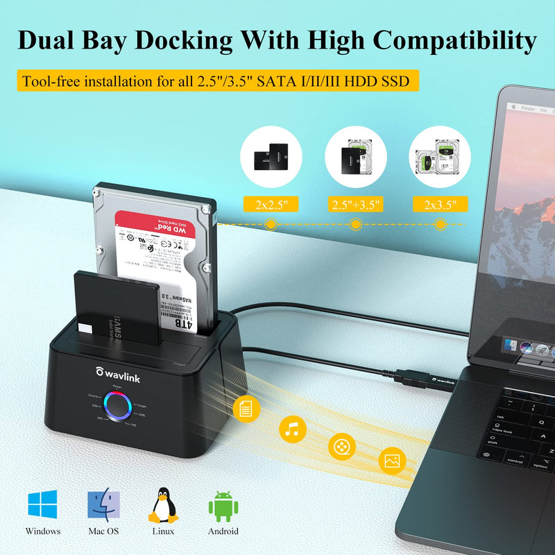 WAVLINK USB 3.0 to SATA I/II/III Dual-Bay External Hard Drive Docking Station for 2.5/3.5 Inch HDD/SSD with UASP (6Gbps), Support Offline Clone Duplicator and Auto Sleep Function [12TB X2 ]-Black SATA HDD Dock