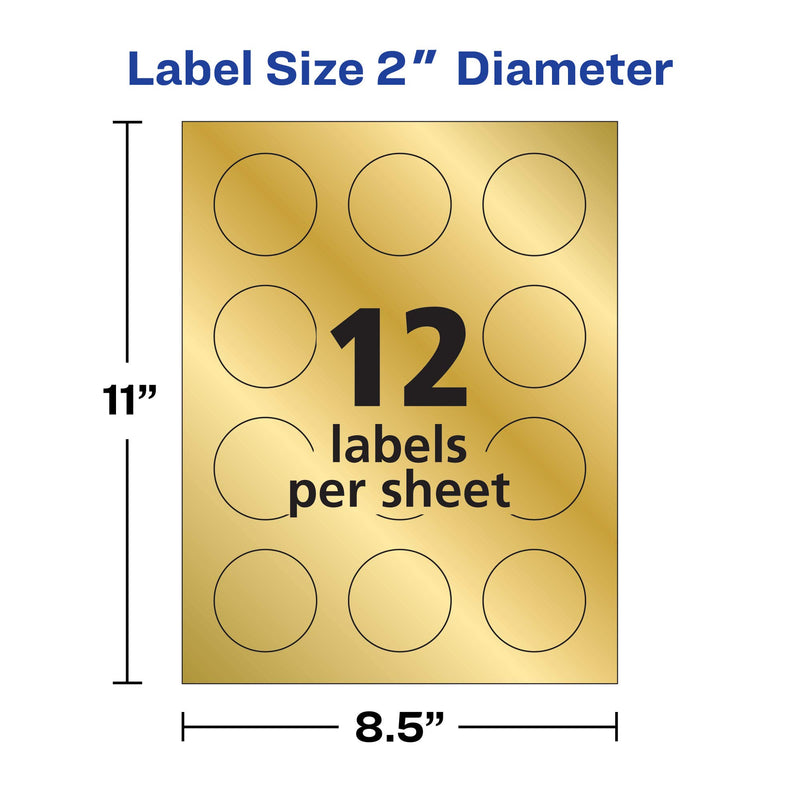 Avery Printable Embossed Foil Round Labels, 2" Diameter, Gold, 96 Customizable Labels (22831) 96 labels