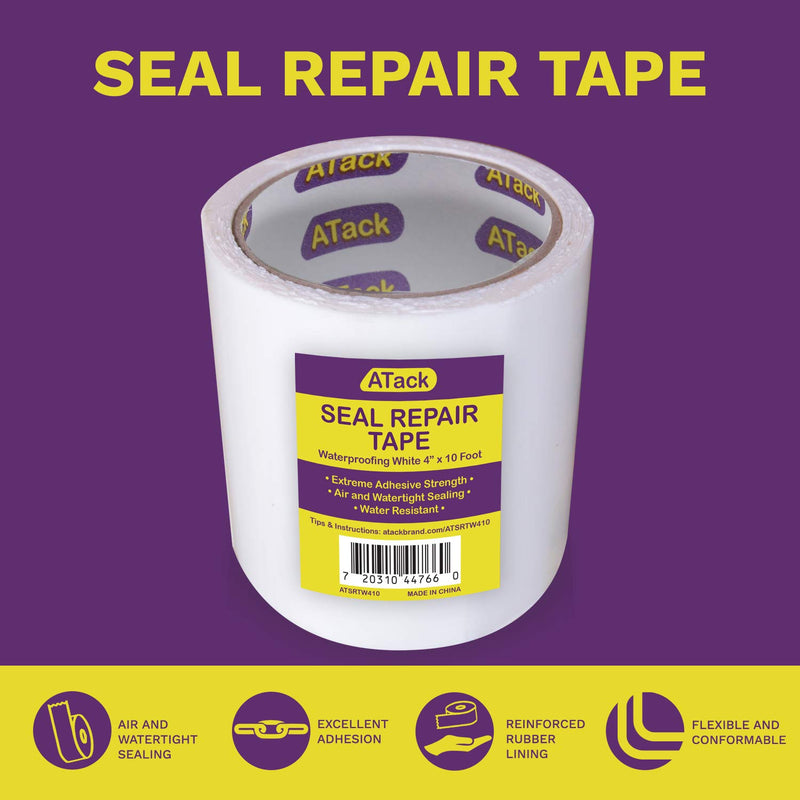 ATack Waterproof Patch and Seal Tape, White, 4 Inches x 10 Feet, Water Barrier Tape for Stop Leak Repair on Pipes, Chimney, Roof, Boat, and HVAC