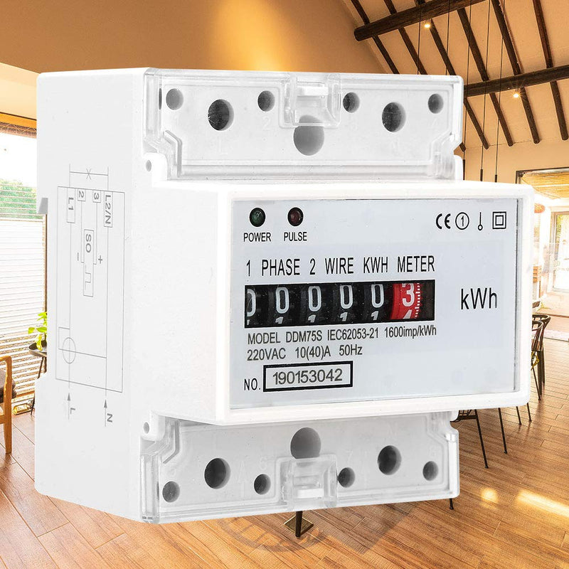 Energy Meter, DDM75S Single Phase 4P Din Rail Energy Meter Electric Meter, Power Consumption Meter Kwh Meter with 5+1(99999.1KWh) Digital Display, 10-40A