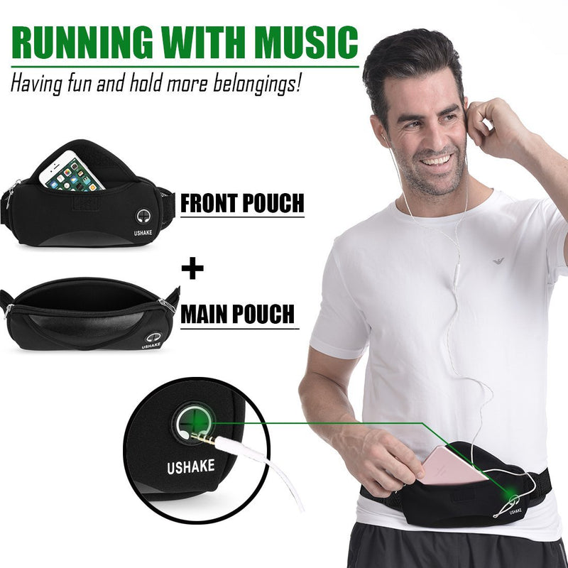 USHAKE Running Belt with Extender Belt, Bounce Free Pouch Bag, Fanny Pack Workout Belt Sports Waist Pack for Apple iPhone Samsung Note Galaxy in Running Walking Cycling-05BK
