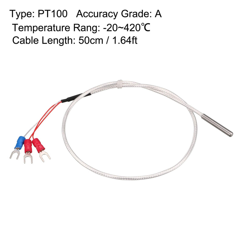 uxcell PT100 RTD Temperature Sensor Probe 3 Wires Cable Thermocouple Stainless Steel 50cm(1.64ft) (Temperature Rang: -20~420°C)