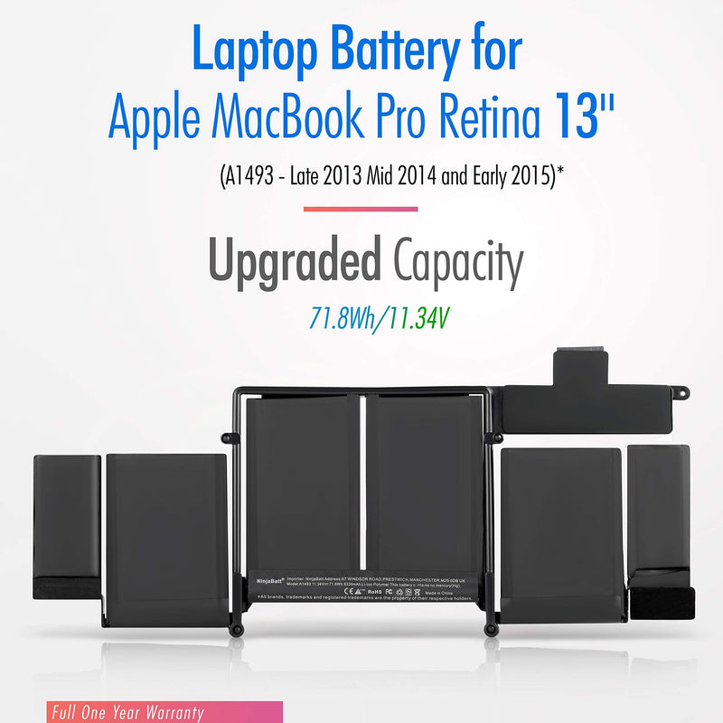 NinjaBatt Battery A1502 A1582 for Apple MacBook Pro Retina 13â€ A1493 [2013 2014 2015 Years] - Long Lasting [71.8Wh/11.43V]