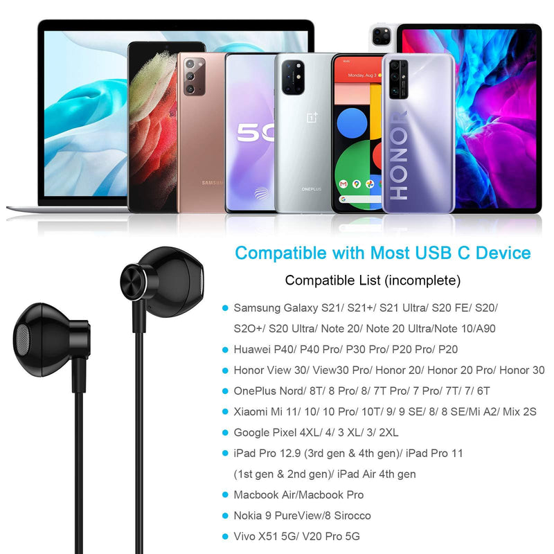 USB C Headphones, ACAGET Galaxy S21 Ultra Earbuds Wired Earphone for Android Semi in Ear USB Type C Headphone HiFi Stereo USB C Earphones for Samsung Galaxy S21 Ultra S20 FE Note 20 Tab S6 S5e Black